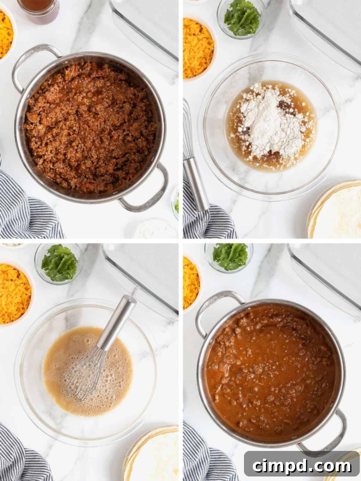 A step-by-step collage illustrating how to thicken the chili con carne sauce with a flour and beef broth slurry.