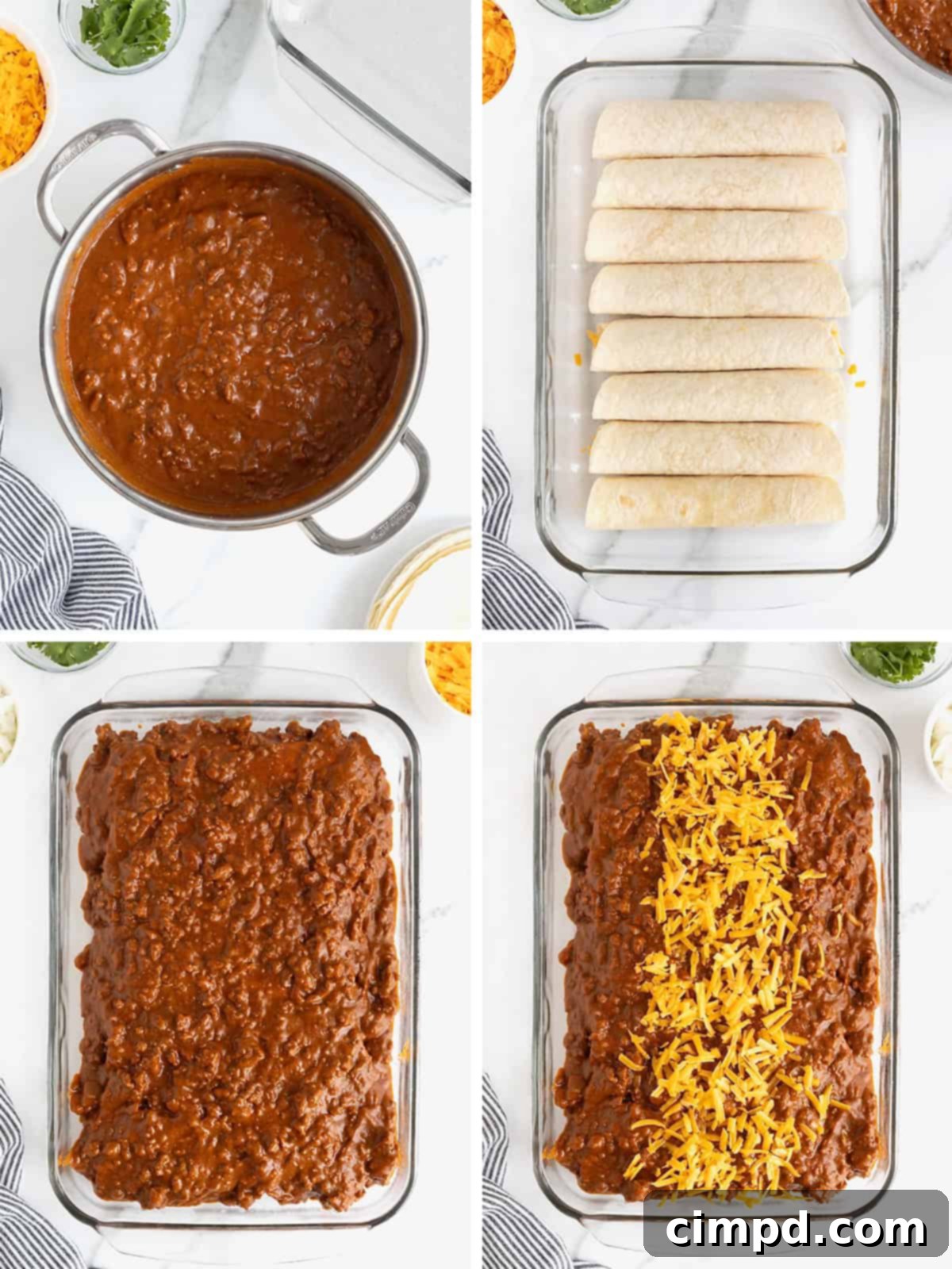 A step-by-step collage depicting the assembly of Chili Con Carne Enchiladas, from filling tortillas to topping with sauce and cheese.