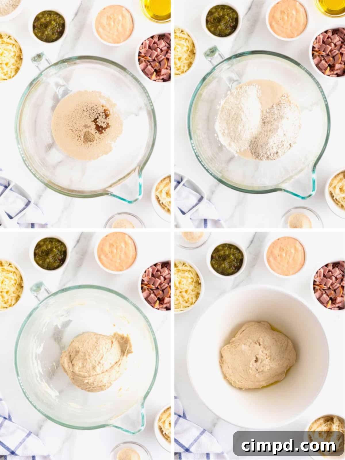 A visual step-by-step guide illustrating the initial stages of making Reuben Pizza dough, showing ingredients mixing.