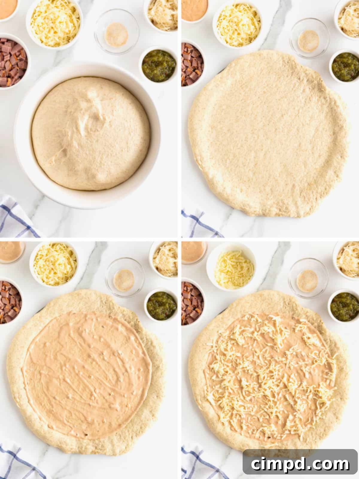 Detailed steps showing how to roll out pizza dough, add Thousand Island dressing, and begin layering toppings for a Reuben pizza.