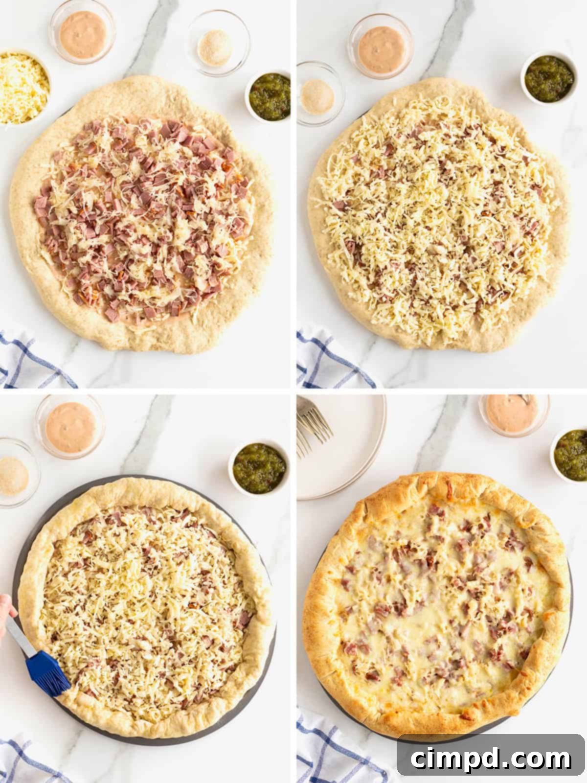 The final stages of Reuben pizza assembly, showing the stuffed crust being formed and the pizza ready for the oven.