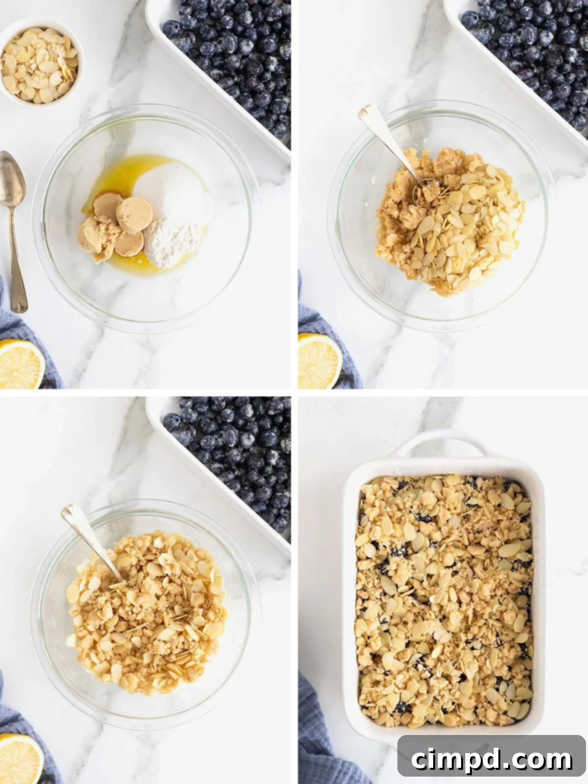 Steps to make blueberry almond crisp.