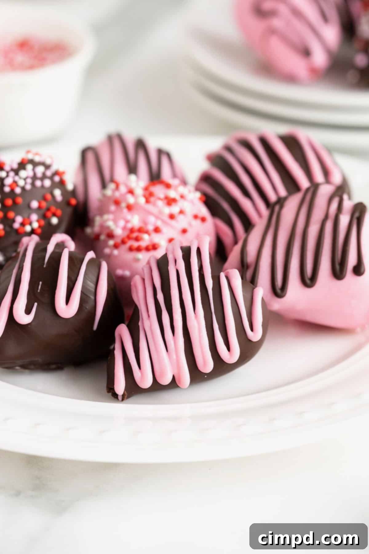 Sweetheart Chocolate Strawberries 4 Seven beautifully arranged heart-shaped chocolate covered strawberries, gleaming on a white plate, complemented by intricate beadwork.