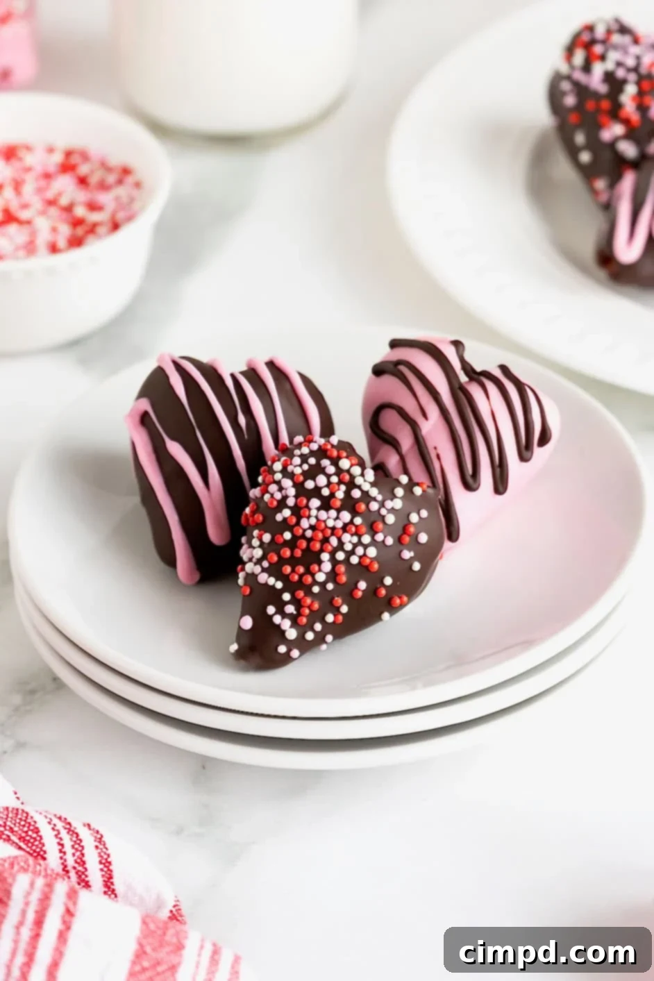 Sweetheart Chocolate Strawberries 5 Three exquisitely decorated heart-shaped chocolate strawberries, adorned with festive Valentine sprinkles, elegantly stacked on a trio of pristine white plates.