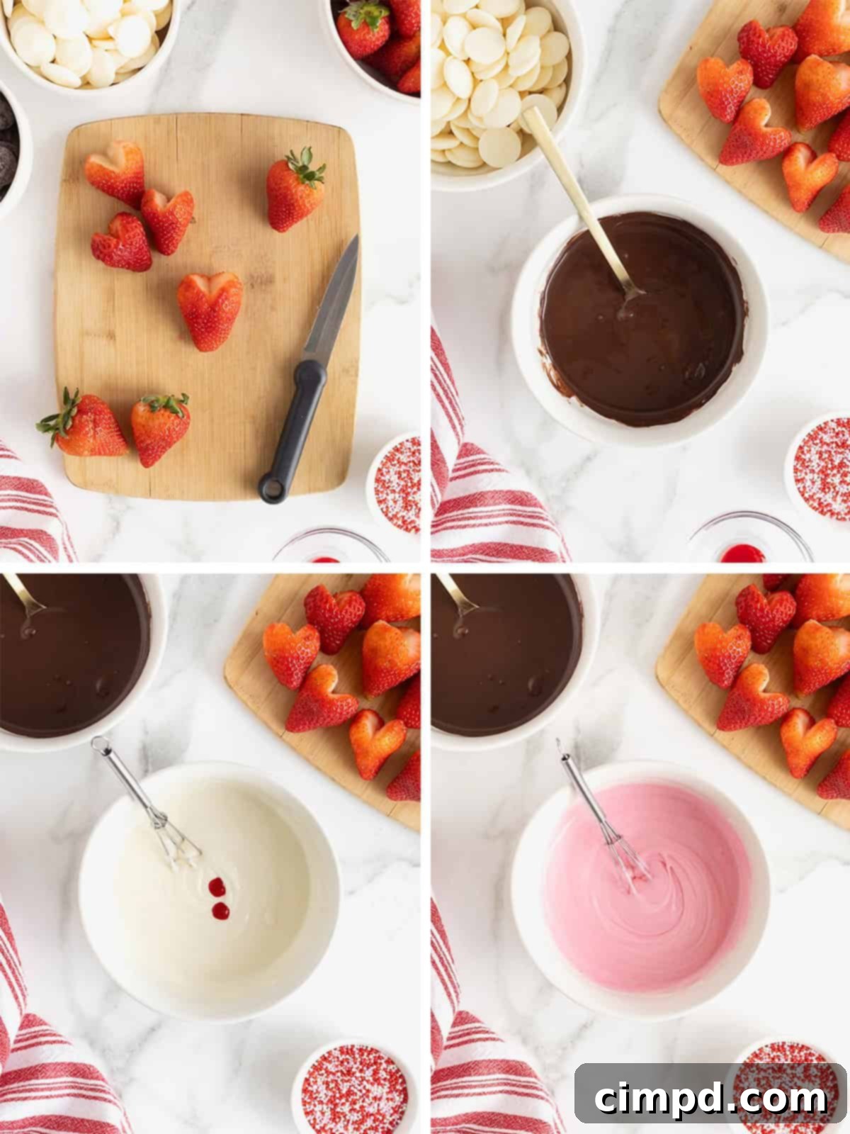 Sweetheart Chocolate Strawberries 7 A visual guide depicting the sequential steps required to craft exquisite heart-shaped chocolate-dipped strawberries, simplifying the process for easy replication.