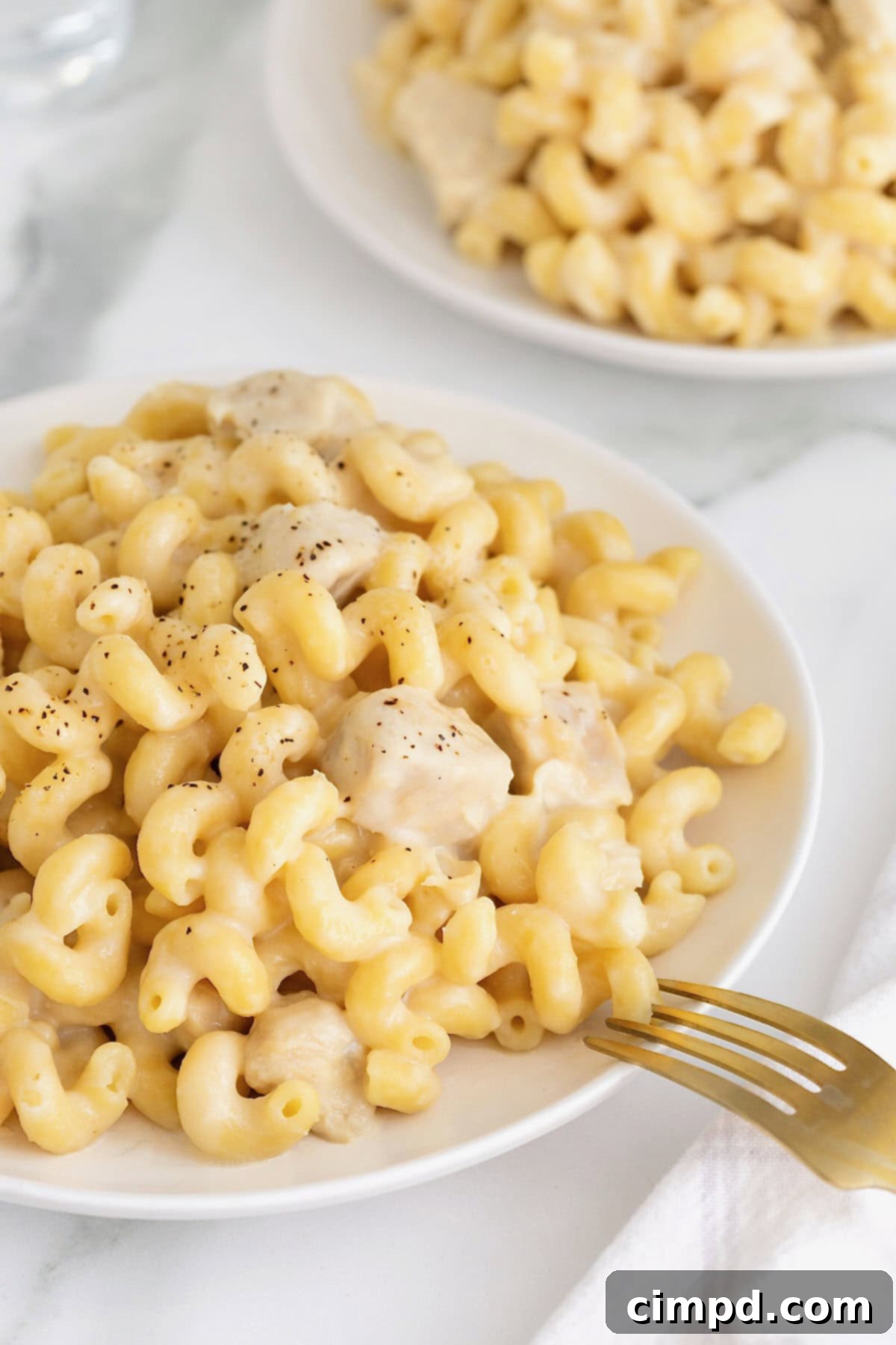 A large white dinner plate filled with cavatappi pasta in a white sauce with chicken.