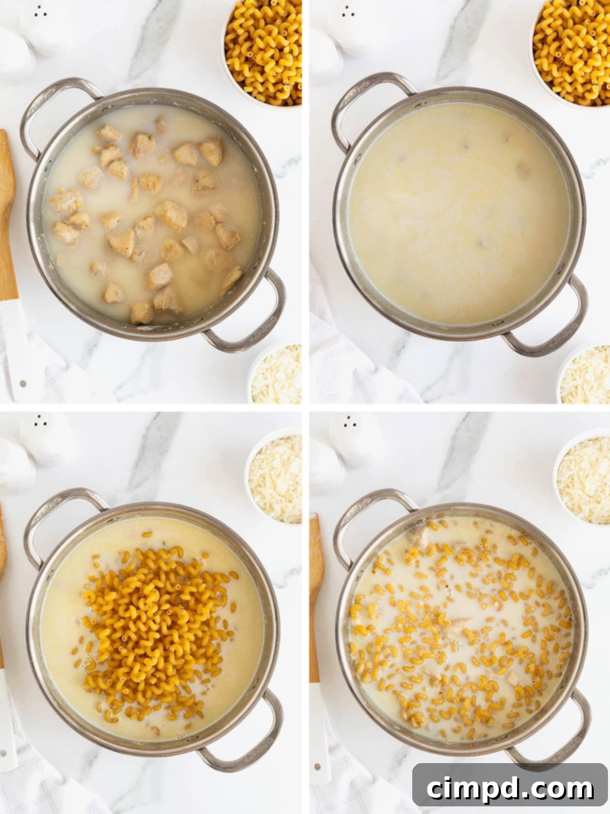 Steps to make one-pot chicken Alfredo pasta.