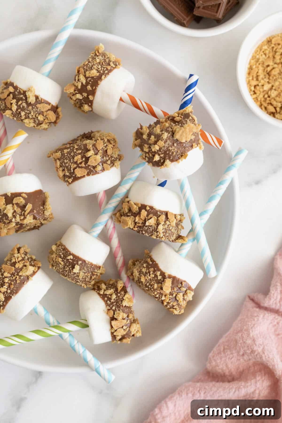 A white rimmed serving plate of chocolate covered marshmallows on brightly covered straws.