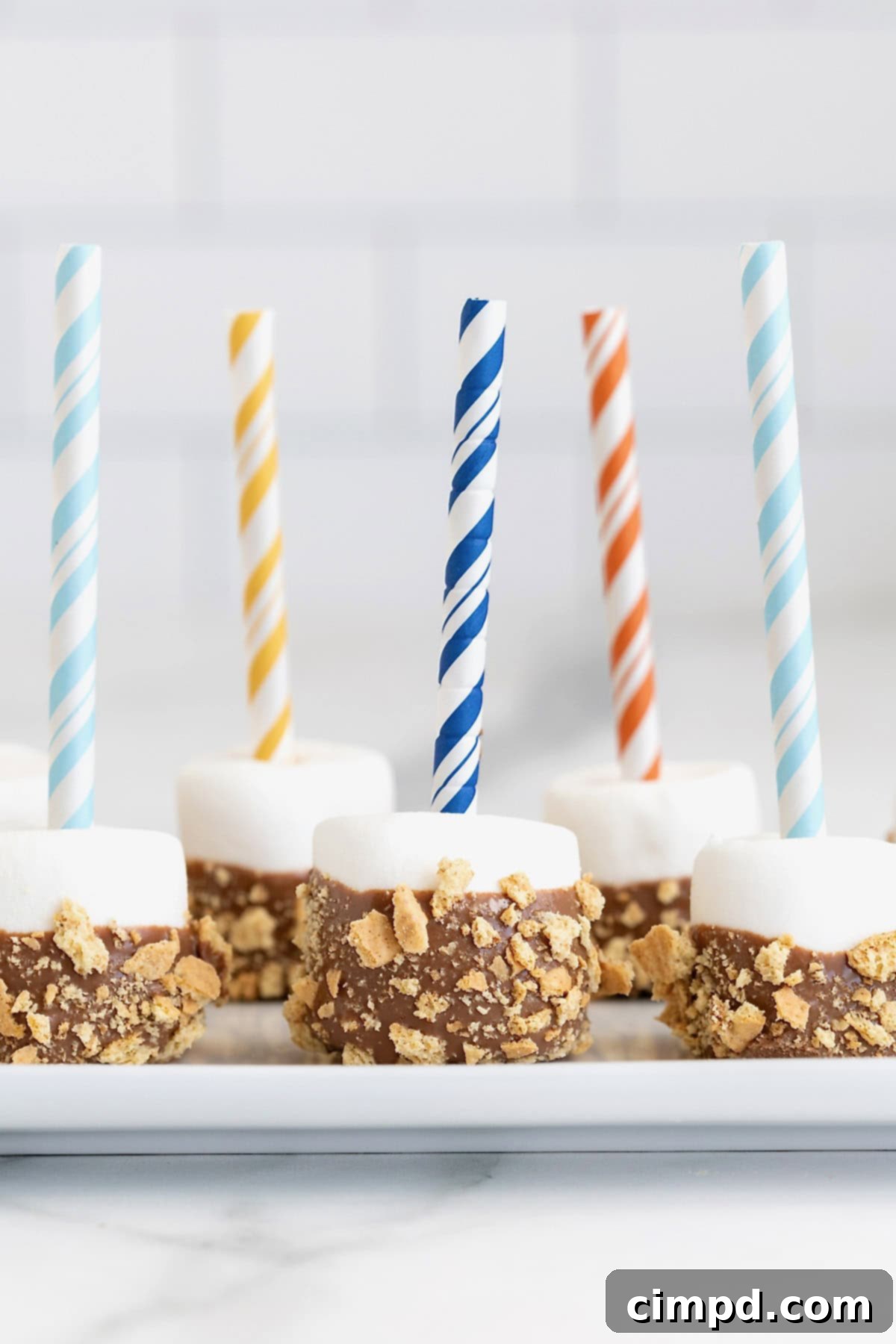 Five s'mores marshmallow pops on a rectangular white plate.