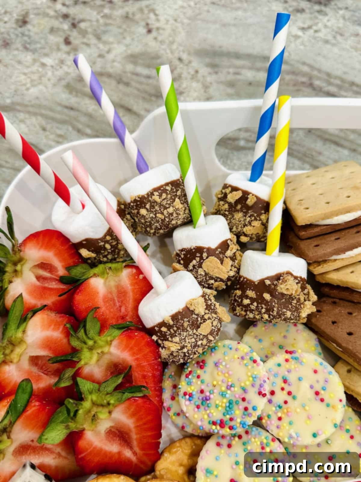 Kids Summer Smores Fun Board 4 Delicious S'mores Marshmallow Pops are neatly arranged on a festive S'mores board, ready to be enjoyed as a sweet summer treat.