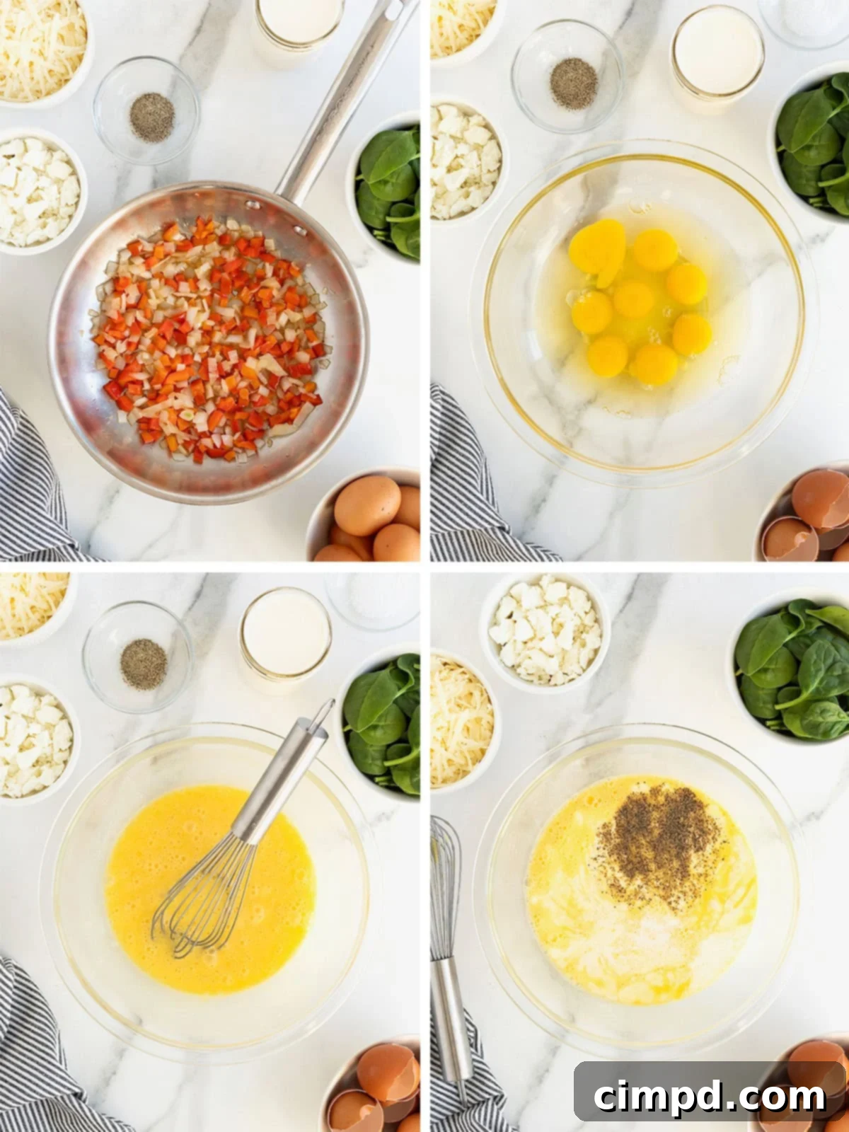 An overhead view of the initial steps to make spinach, goat cheese, and red pepper frittata, showing sautéed vegetables and whisked eggs.