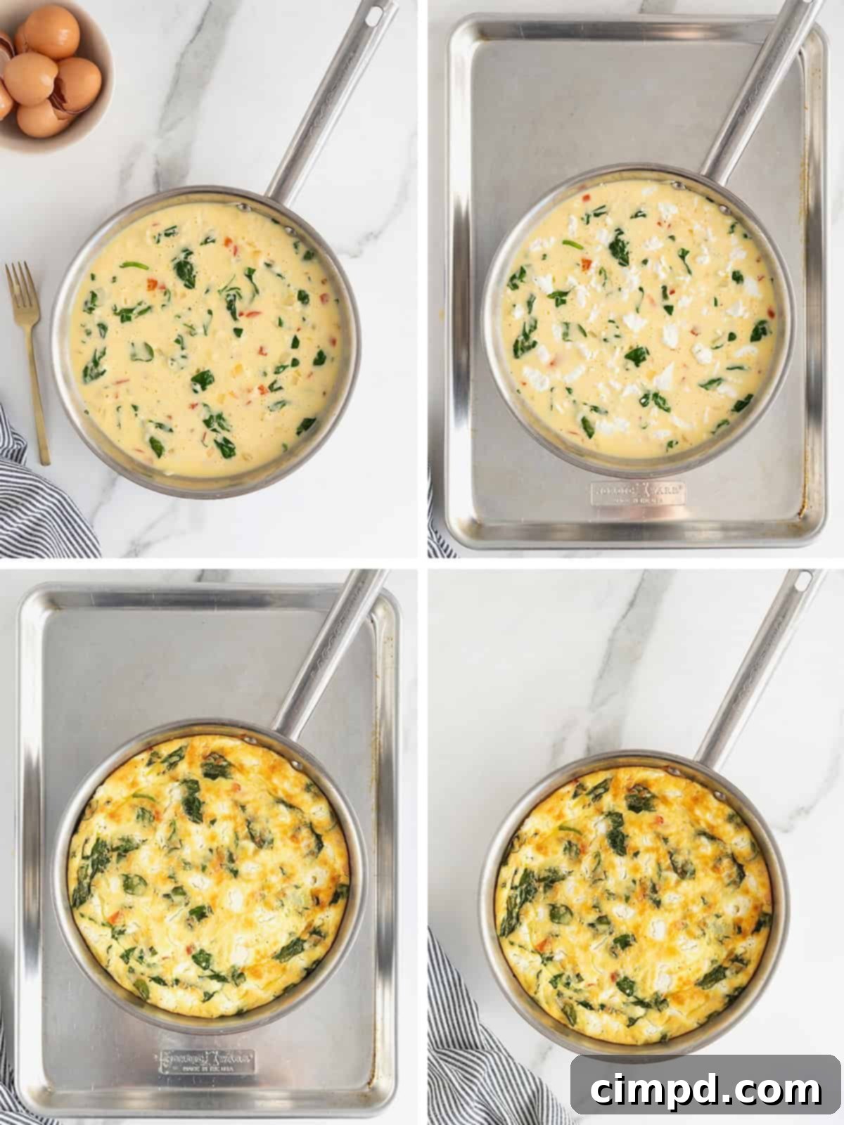 The final steps of making spinach, goat cheese, and red pepper frittata, showing the dish ready for the oven and the finished product.