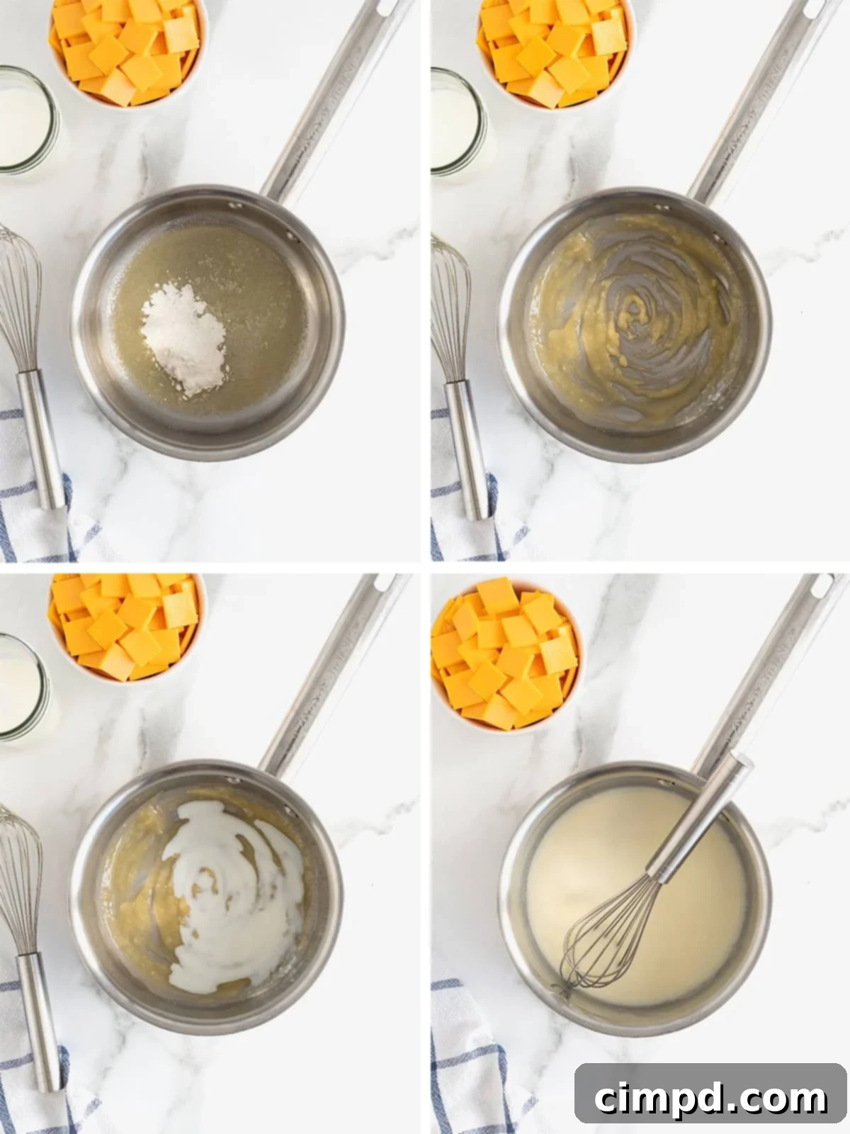 A visual guide showing the initial steps to make Easy Cheese Sauce: melting butter, adding flour, and then whisking in milk.