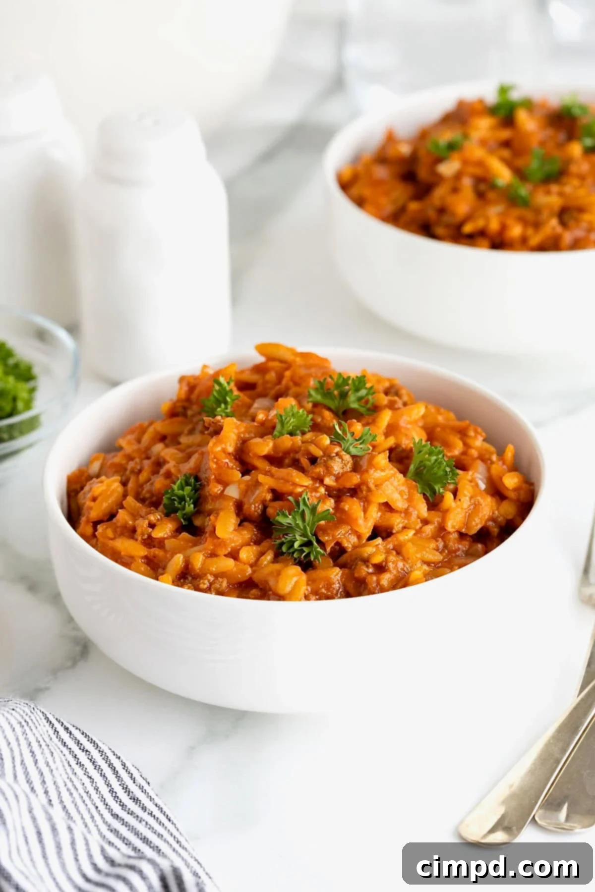 One-Pot Sloppy Joe Orzo 4 A small white bowl of sloppy Joe orzo on a white marble counter.