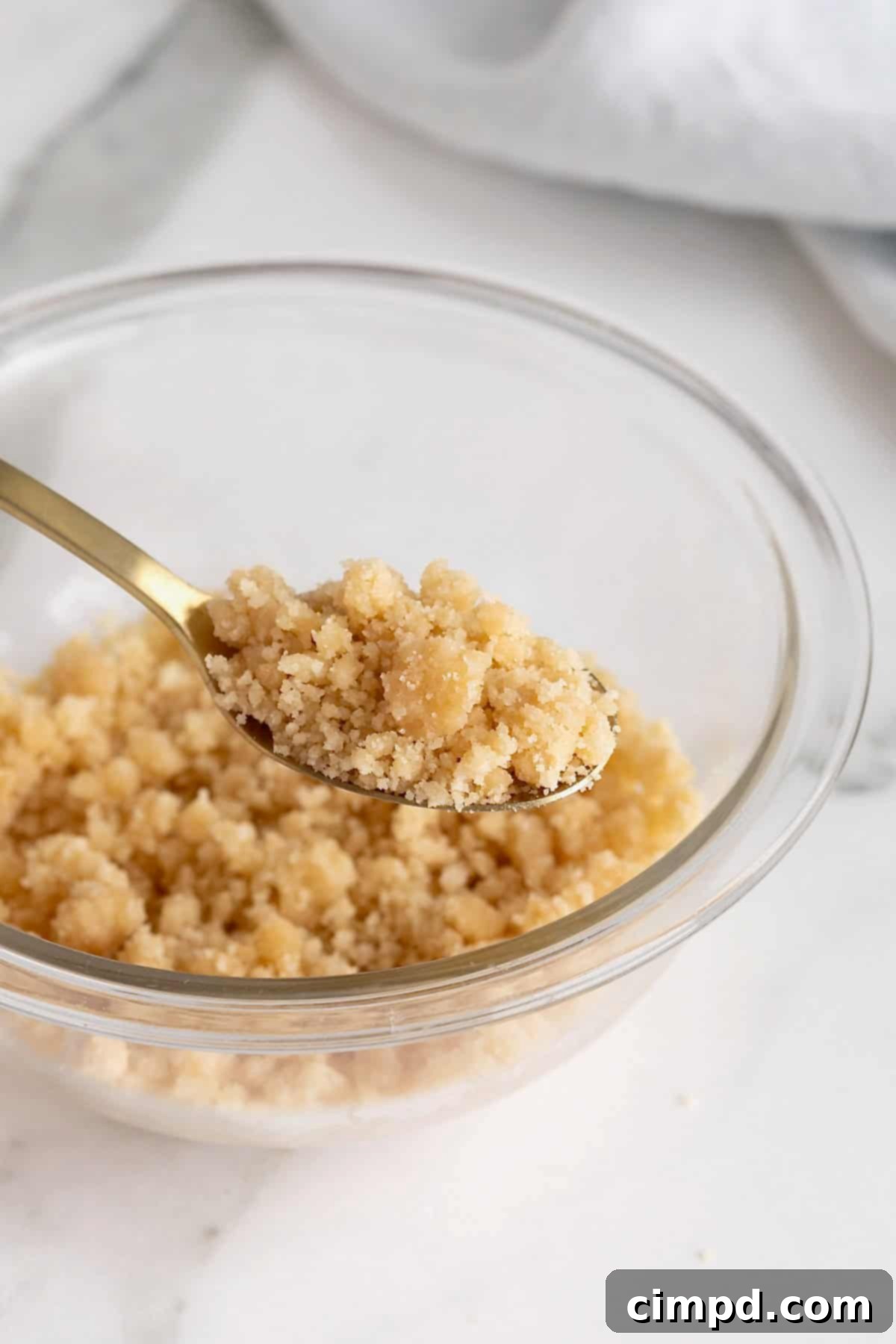 Homemade Streusel Simplified 2 A small glass mixing bowl of streusel, showcasing its crumbly texture.