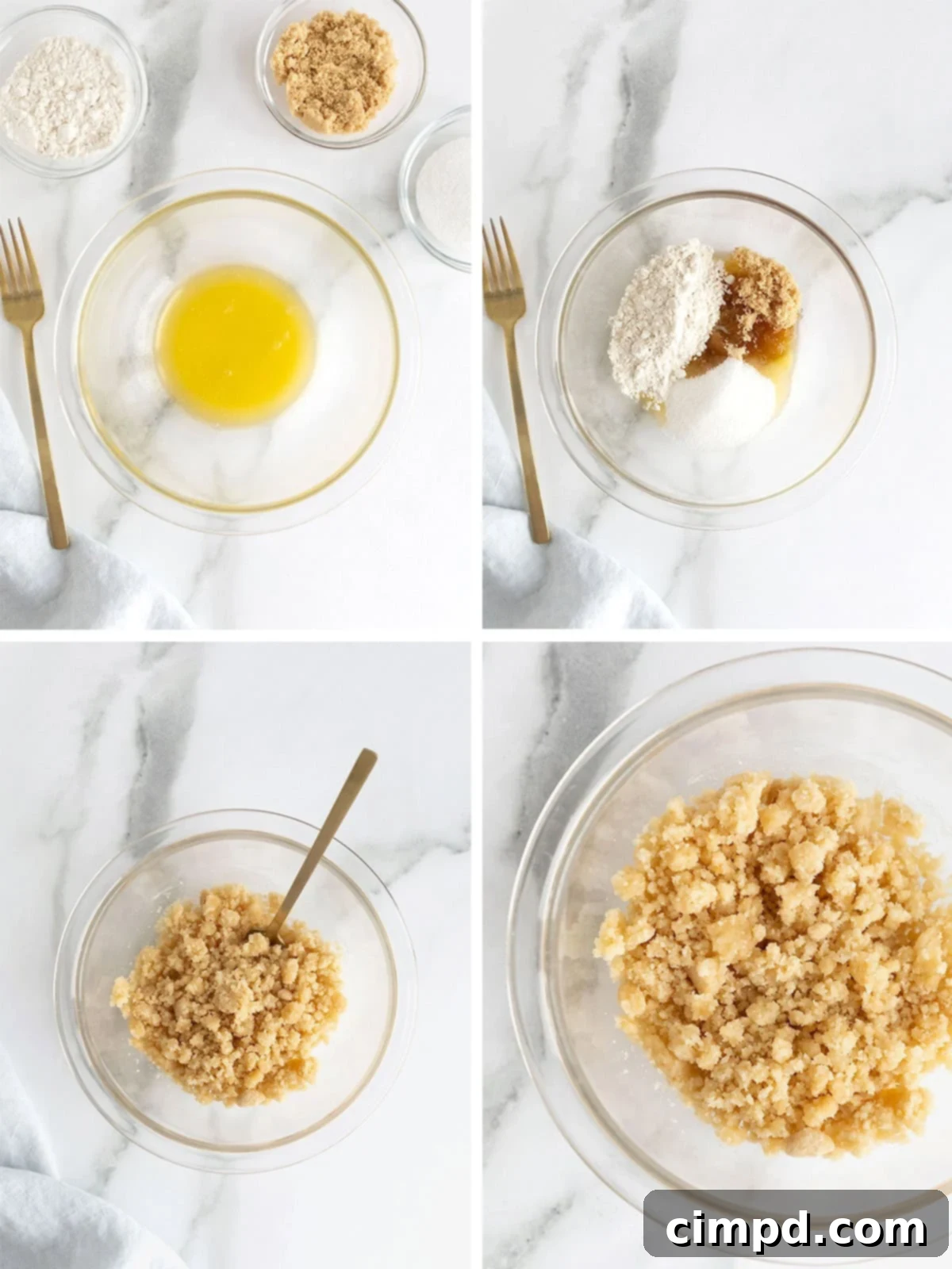 Homemade Streusel Simplified 6 Steps to make a simple streusel, showing melted butter, then mixed ingredients forming crumbs.