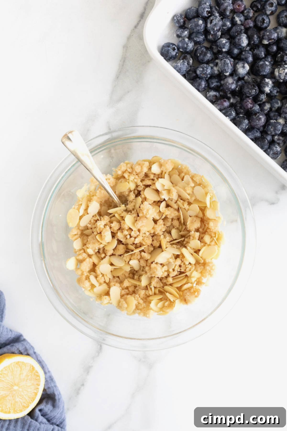 Homemade Streusel Simplified 10 Sliced almonds added to a simple streusel, showing the texture and additions.