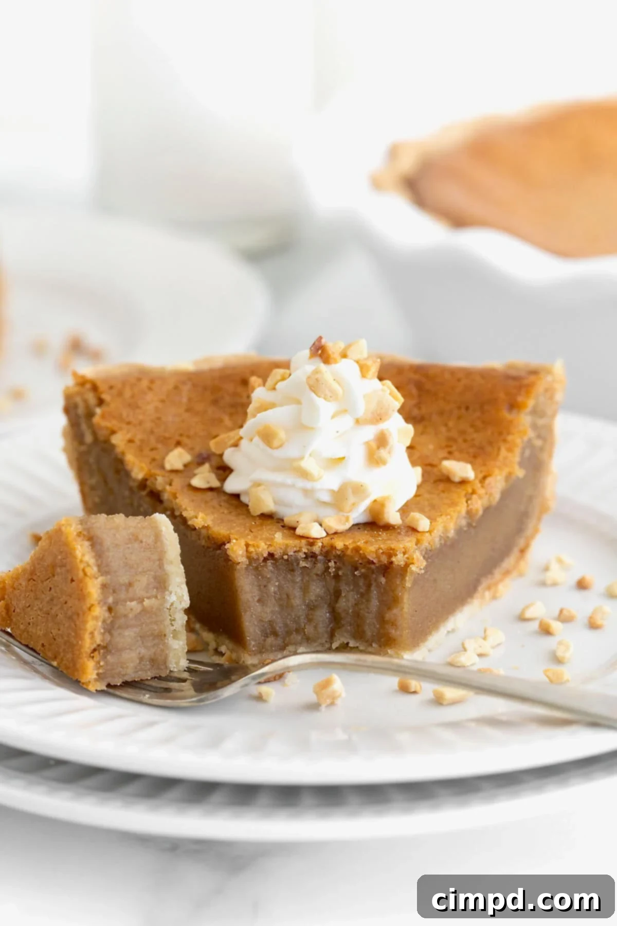 A close-up shot of a slice of Baked Peanut Butter Pie, artfully garnished with whipped cream and chopped peanuts on a white plate, positioned next to a fork holding a perfect bite of the pie.