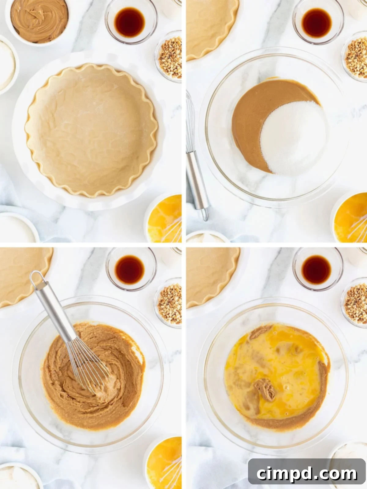 A sequence of detailed steps demonstrating how to prepare a baked peanut butter pie, focusing on mixing the ingredients.