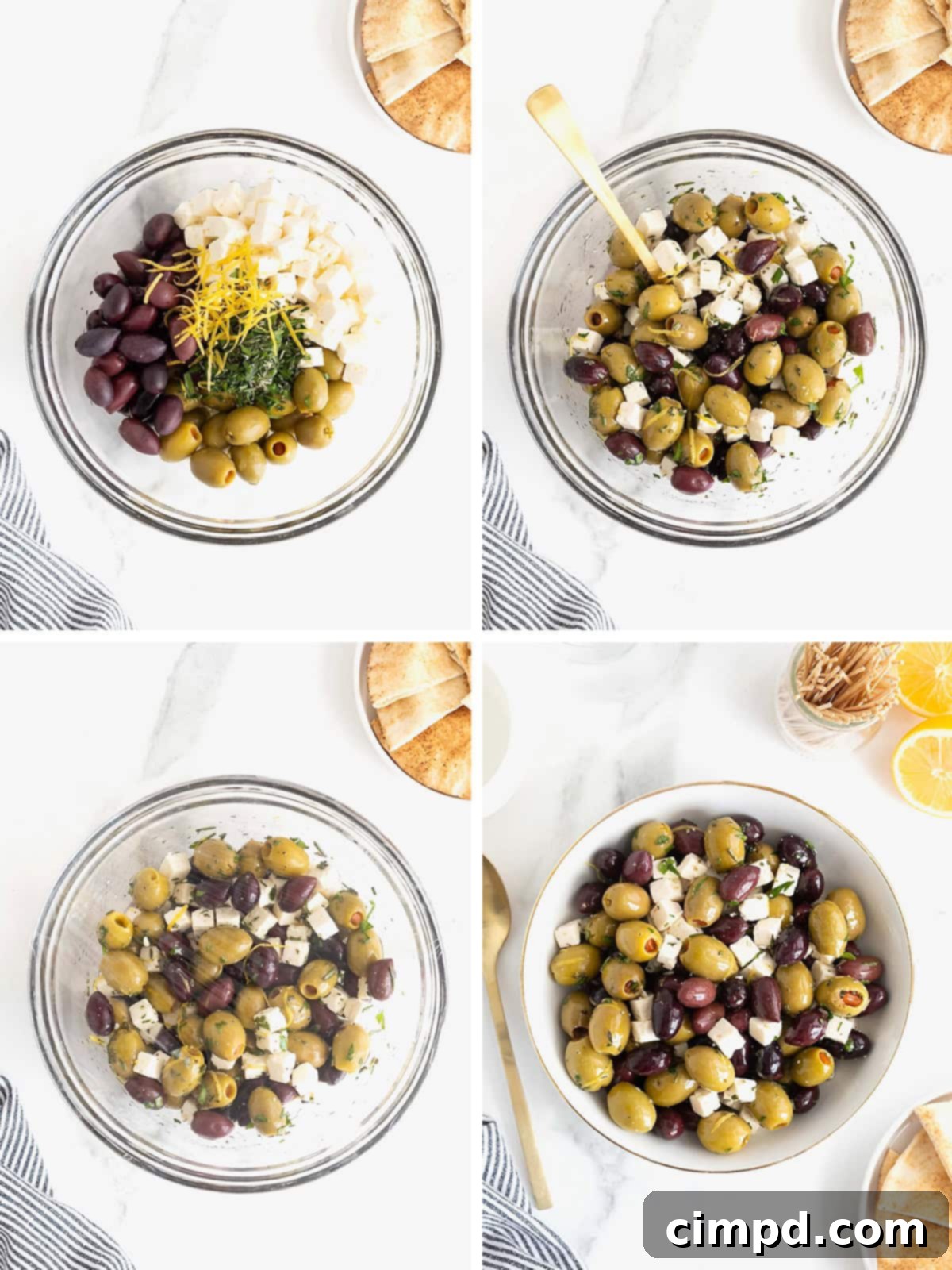 A step-by-step visual guide demonstrating how to combine ingredients and marinate the olives and feta for perfect flavor.
