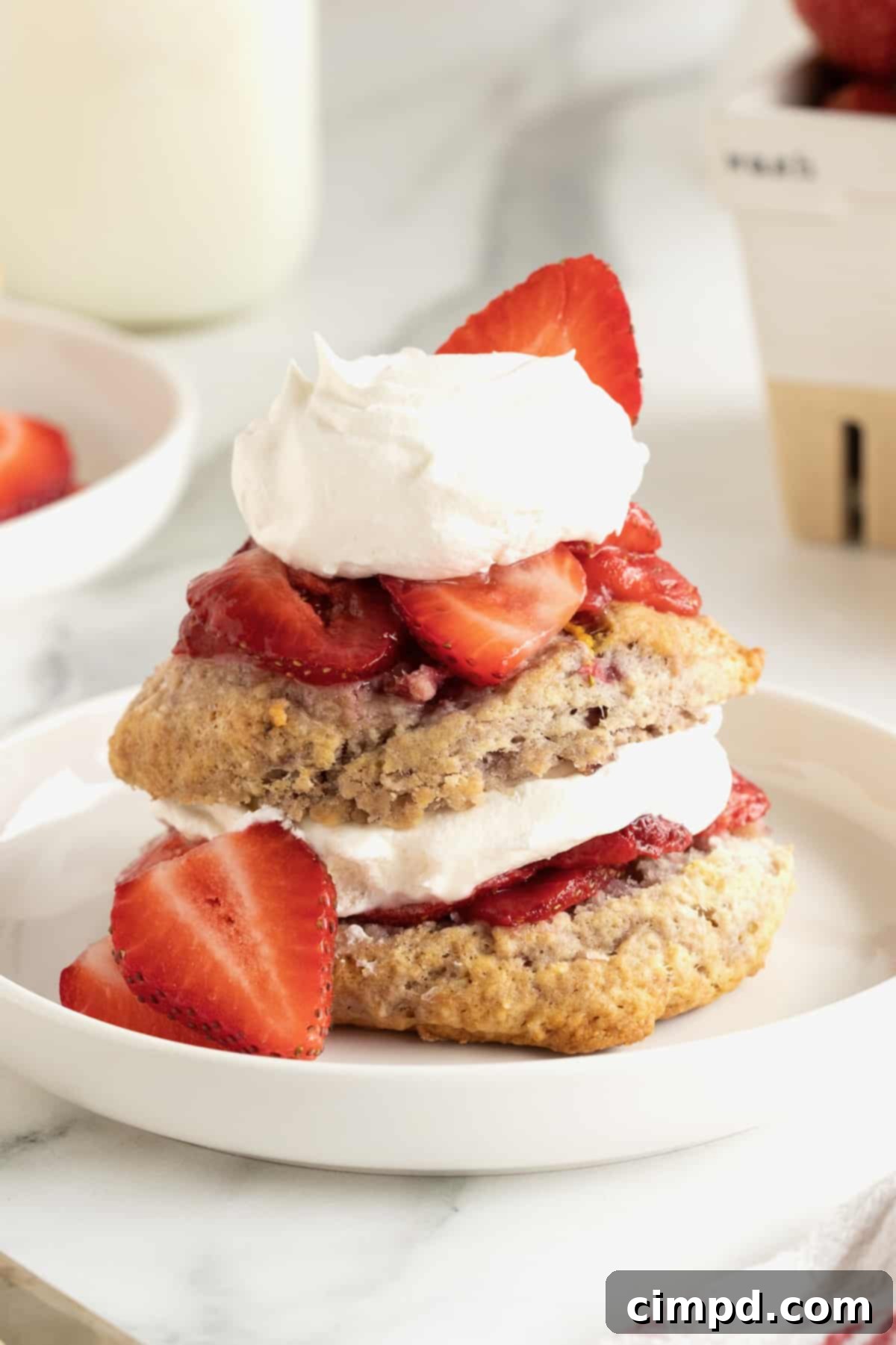Scone Strawberry Shortcake 2 A double strawberry shortcake made with a strawberry scone on the bottom, a layer of strawberries and whipped cream, another strawberry scone, another layer of strawberries and whipped cream on a round white rimmed plate.
