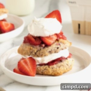 Scone Strawberry Shortcake 12 A double strawberry shortcake made with a strawberry scone on the bottom, a layer of strawberries and whipped cream, another strawberry scone, another layer of strawberries and whipped cream on a round white rimmed plate.