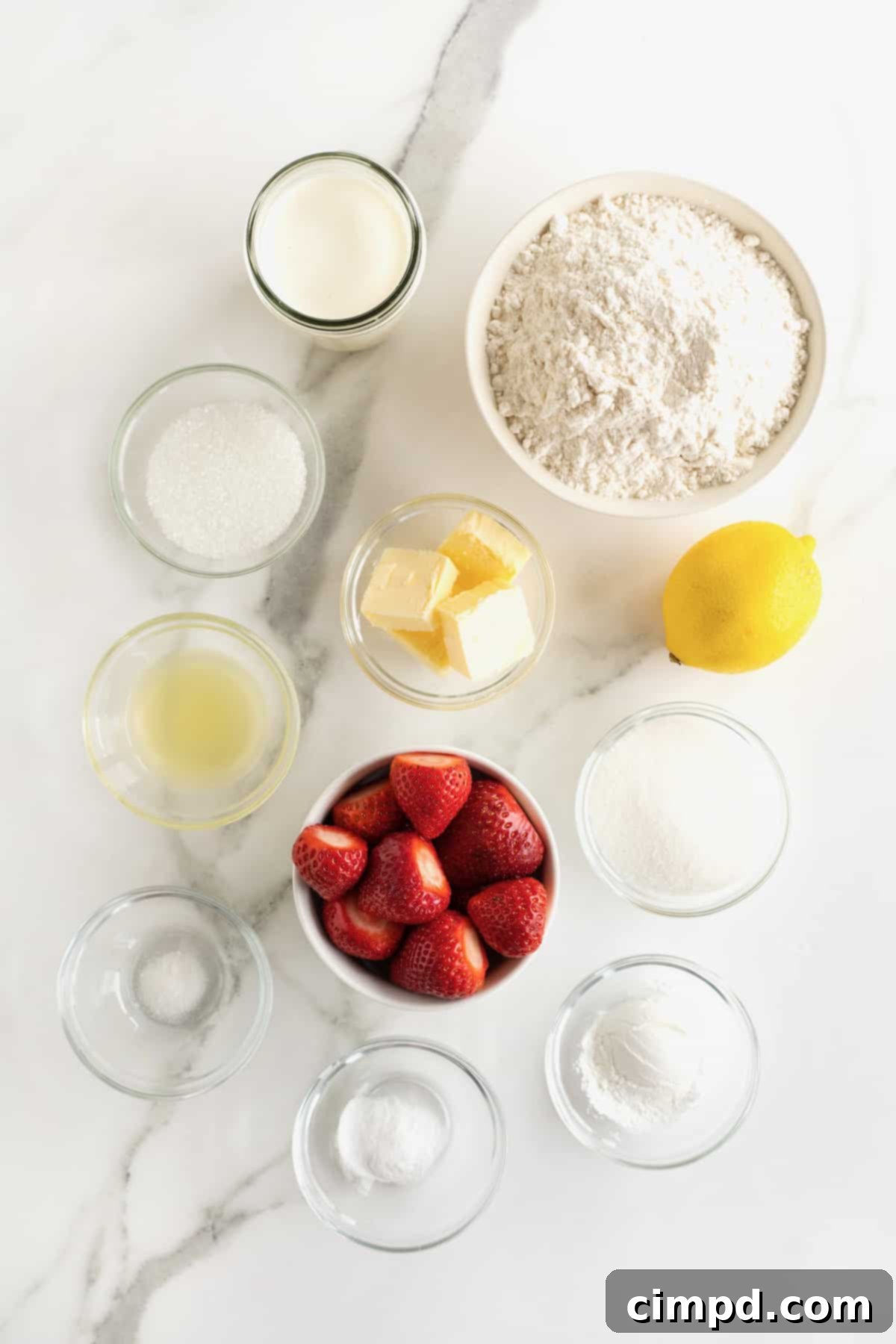 Scone Strawberry Shortcake 5 All the ingredients for strawberry scone shortcakes in small glass dishes on a white marble counter.