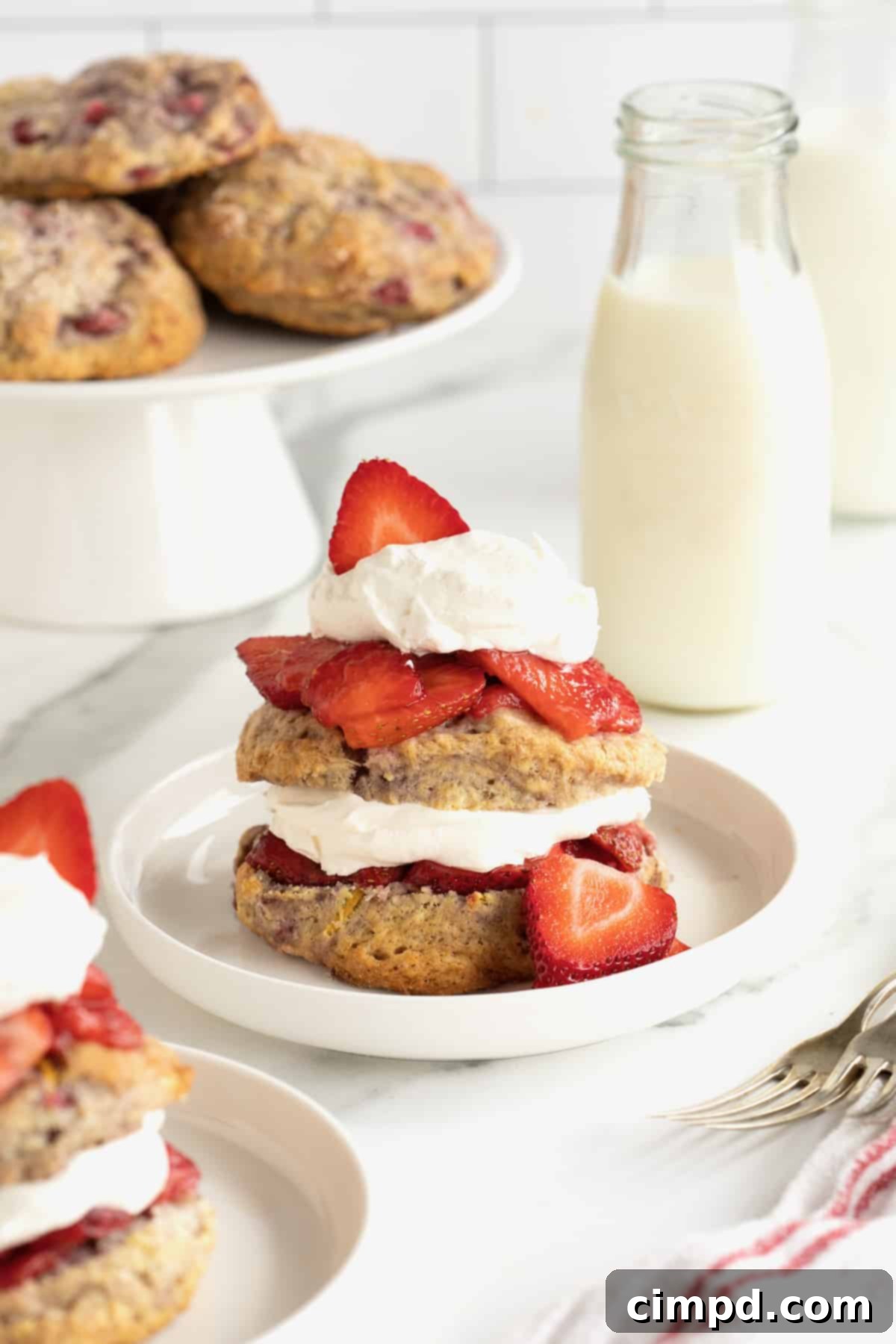 Scone Strawberry Shortcake 9 A double strawberry shortcake made with a strawberry scone on the bottom, a layer of strawberries and whipped cream, another strawberry scone, another layer of strawberries and whipped cream on a round white rimmed plate.