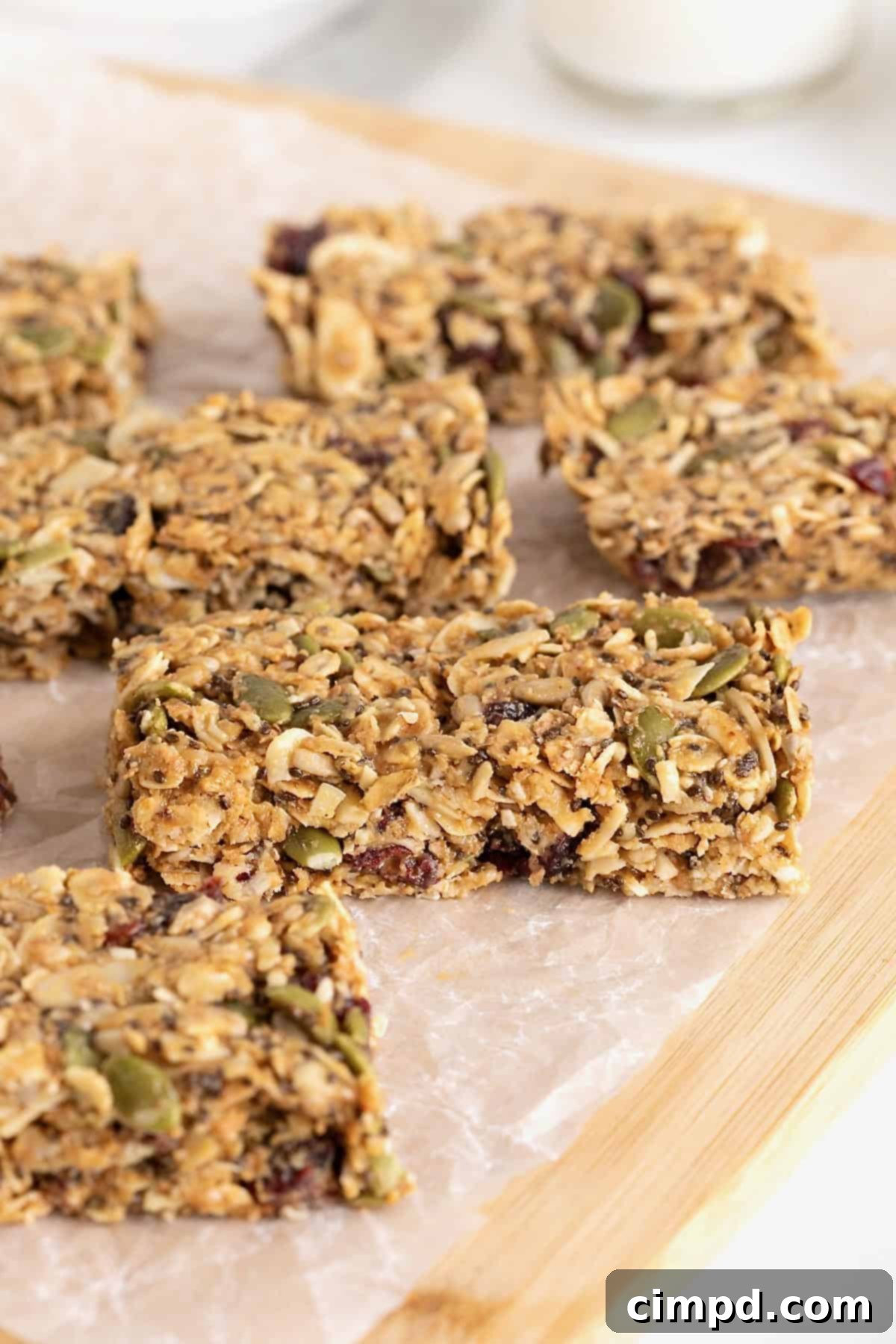 Six perfectly crafted no-bake power bars, arranged neatly on a parchment-lined wooden board, ready to be enjoyed.