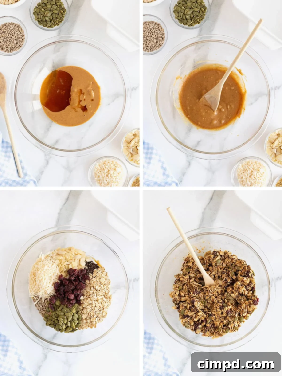 A visual step-by-step guide illustrating the easy process of making no-bake power bars, showcasing the ingredients being mixed.