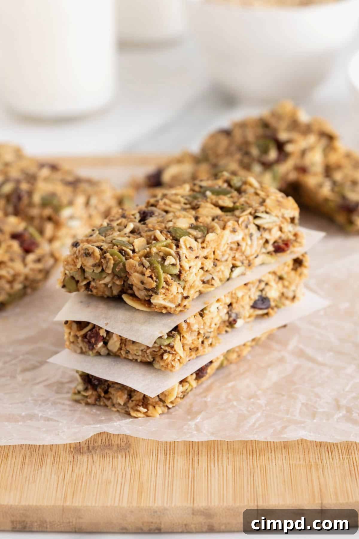 Three power bars neatly stacked with parchment paper in between, resting on a parchment-lined wooden cutting board, showcasing proper storage technique.