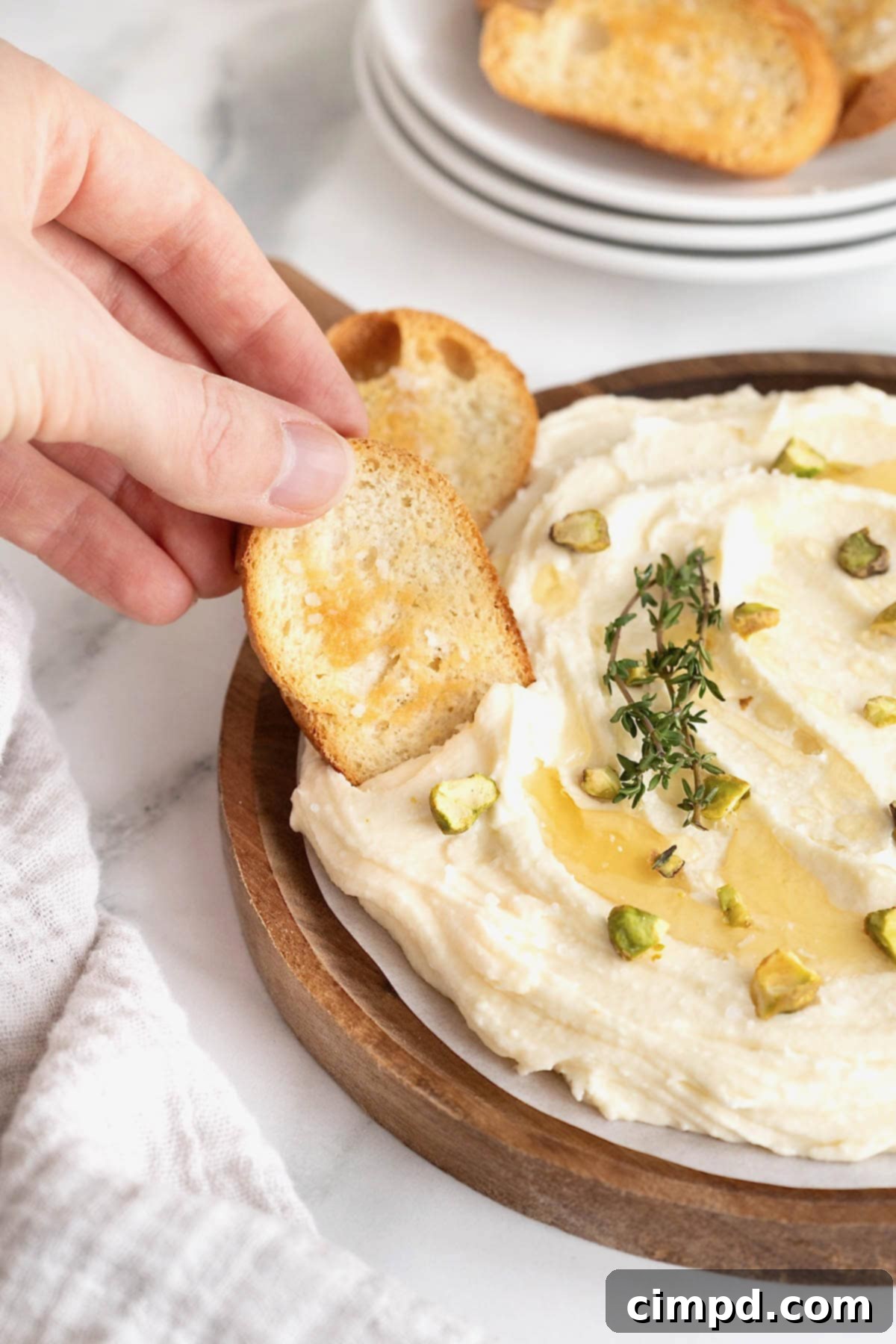 Creamy Whipped Brie 4 A piece of crunchy crostini being dipped into a sweet version of whipped brie dip, generously drizzled with honey, highlighting the inviting, smooth texture and the appealing contrast of colors.