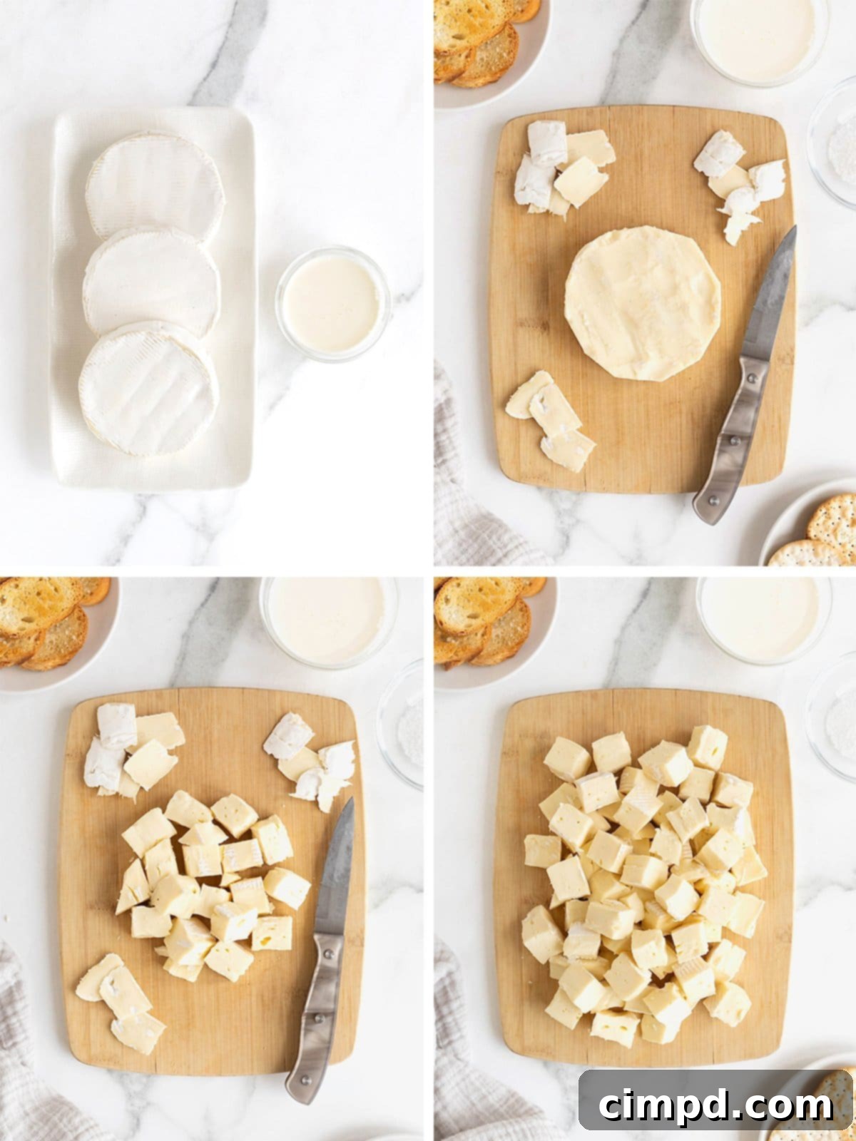 Creamy Whipped Brie 6 A visual step-by-step guide illustrating the initial stages of making whipped brie. The image shows a block of brie cheese with the rind being carefully removed, followed by the brie being cut into smaller, uniform chunks, ready for the next stage of preparation.