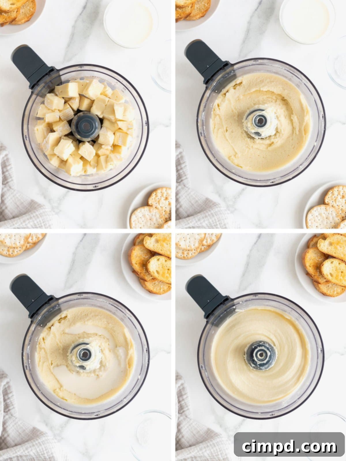 Creamy Whipped Brie 7 A visual step-by-step guide showing the blending process for whipped brie. The image displays softened brie chunks being processed in a food processor, transforming into a creamy, smooth texture after the addition of heavy cream, ready to be spread.