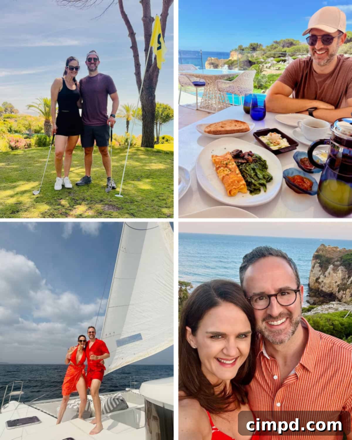 A collage of Maegan and Brandon Brown enjoying various activities and romantic moments in Algarve, Portugal.