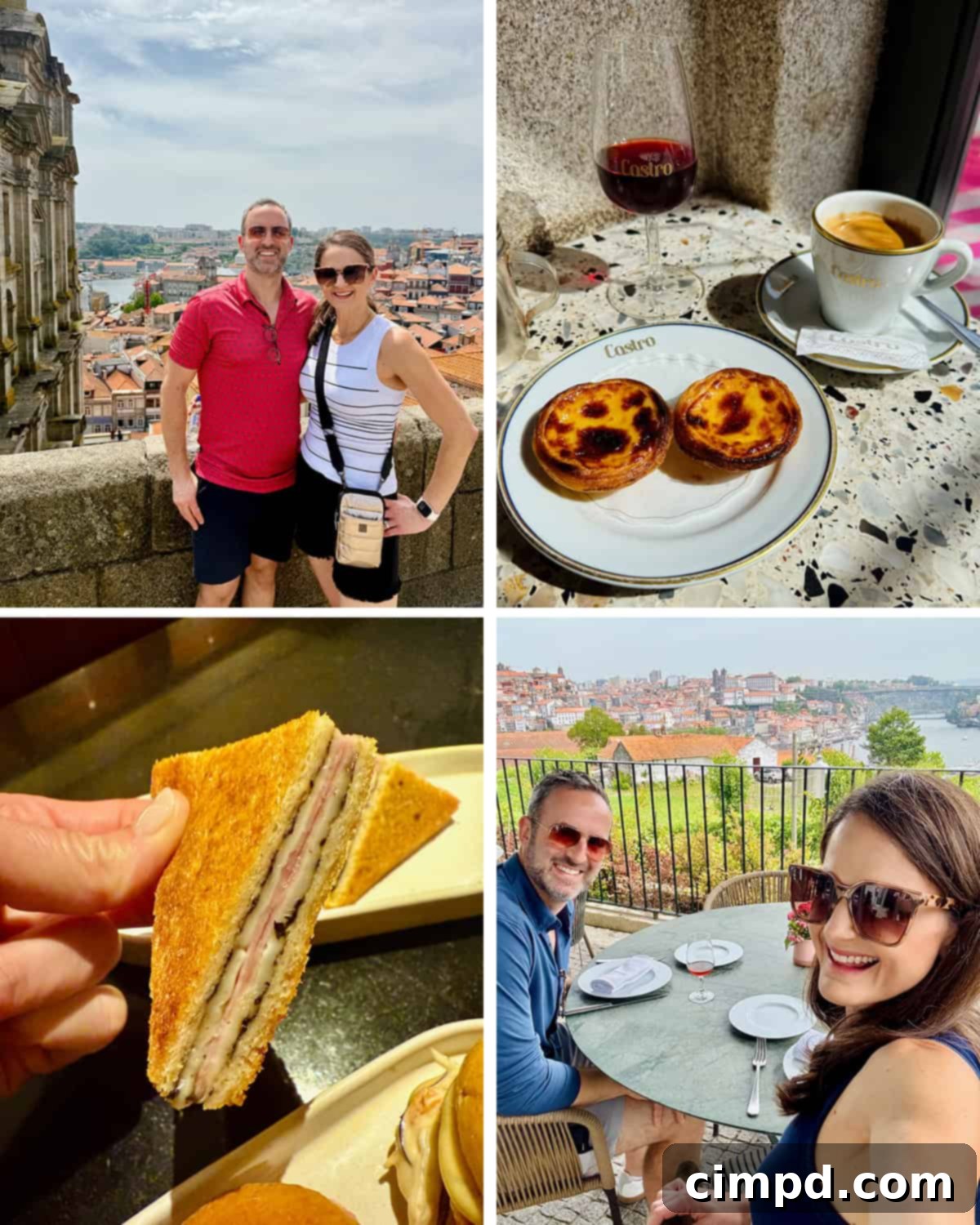 A collage of Maegan and Brandon Brown's experiences in Porto, Portugal, including cityscapes and dining.