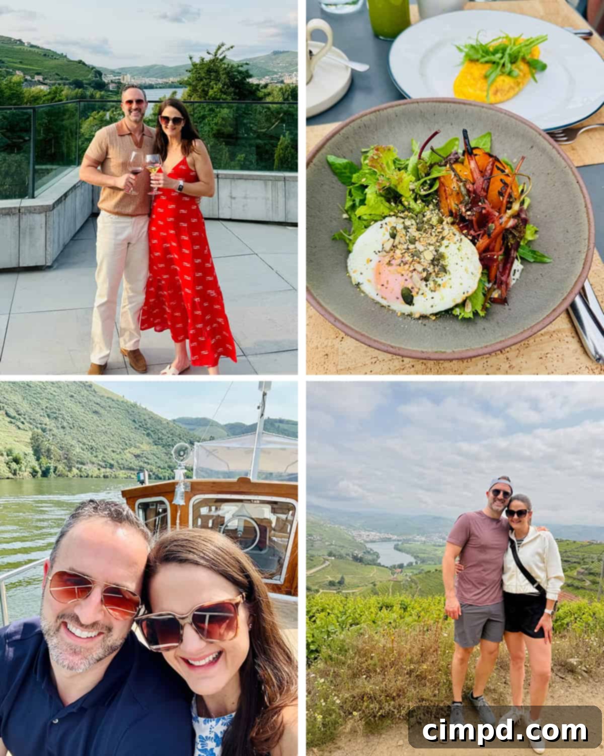 A collage of Maegan and Brandon Brown enjoying the scenic beauty and activities in Duoro Valley, Portugal.