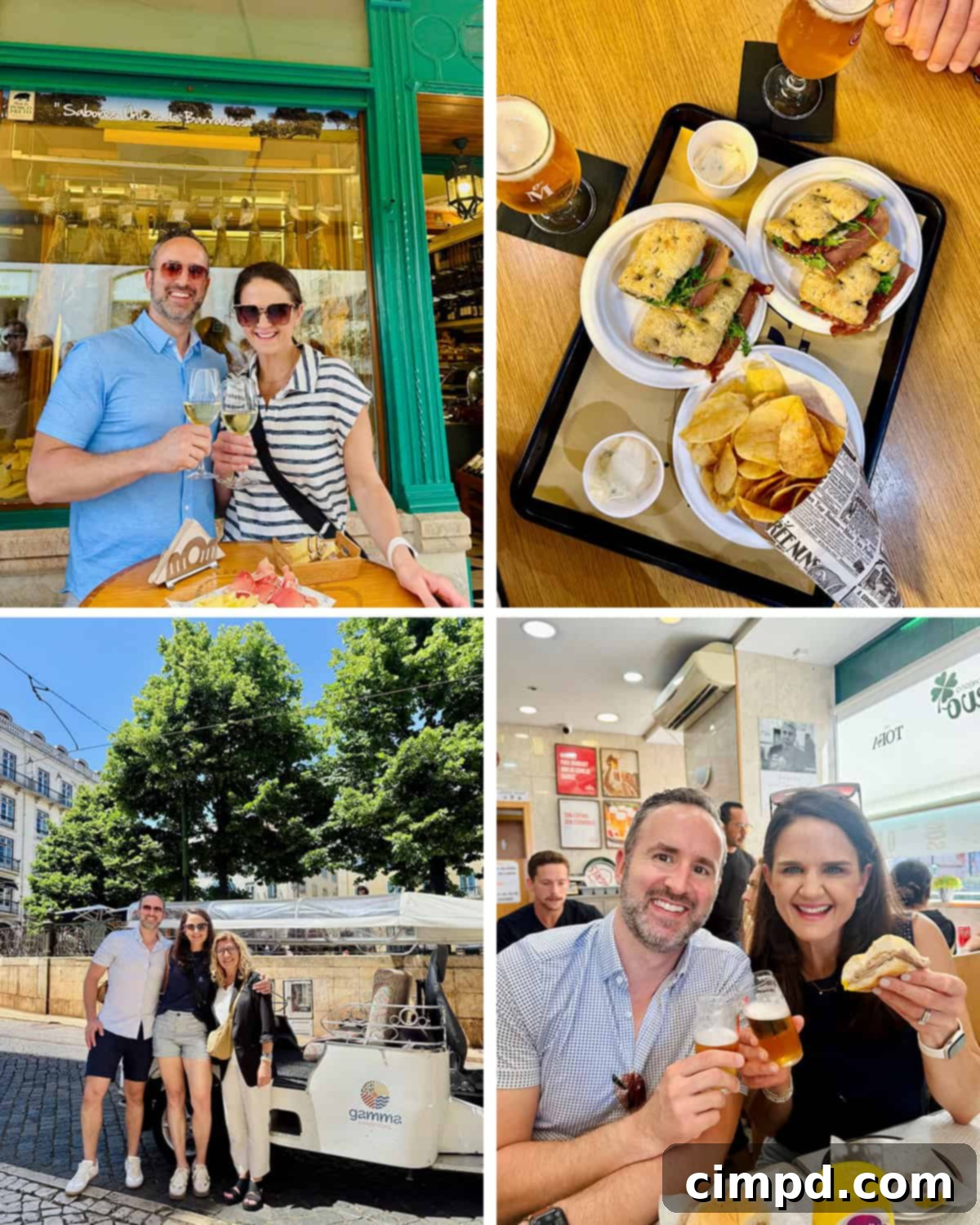 A collage featuring Maegan and Brandon Brown enjoying various sights and foods in Lisbon, Portugal.