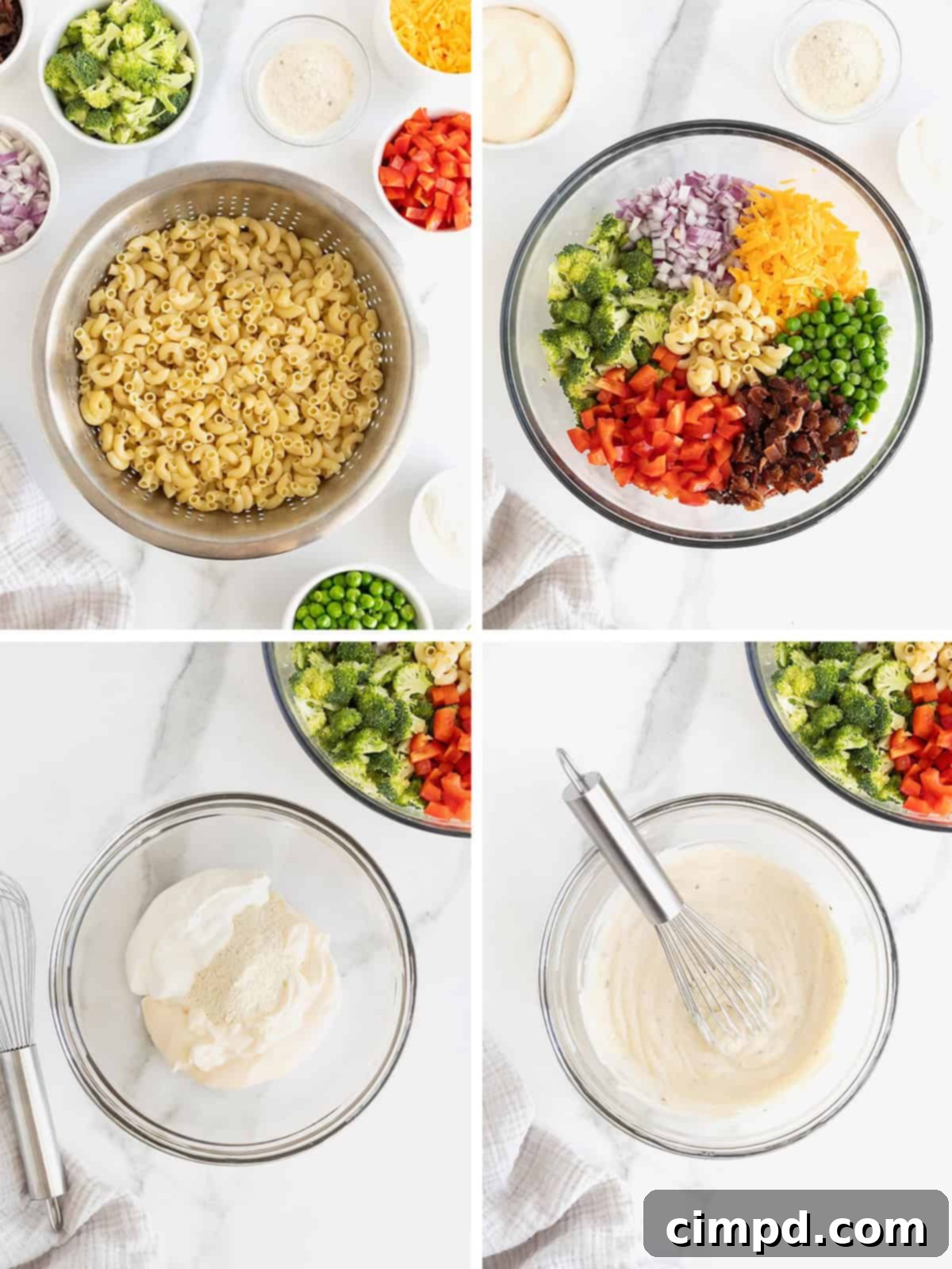A step-by-step visual showing how to make macaroni salad, including cooked pasta, bacon, vegetables, and ranch dressing.