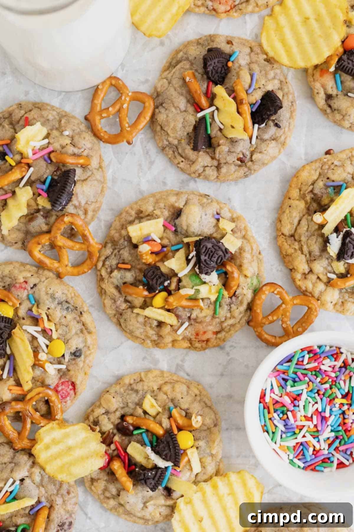 Kitchen sink cookies on a parchment lined surface next to a small bowl of confetti sprinkles.