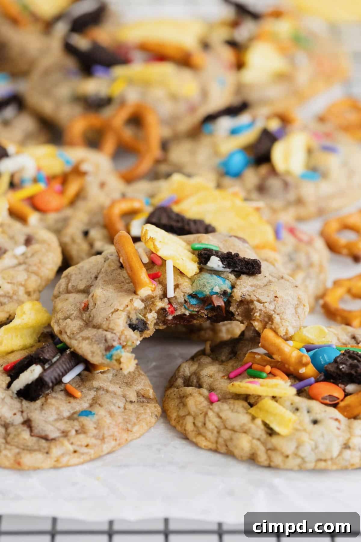 A pile of cookies with pretzel, potato chip, Oreo bits and M&Ms in them. There is a bite out of the top cookie.