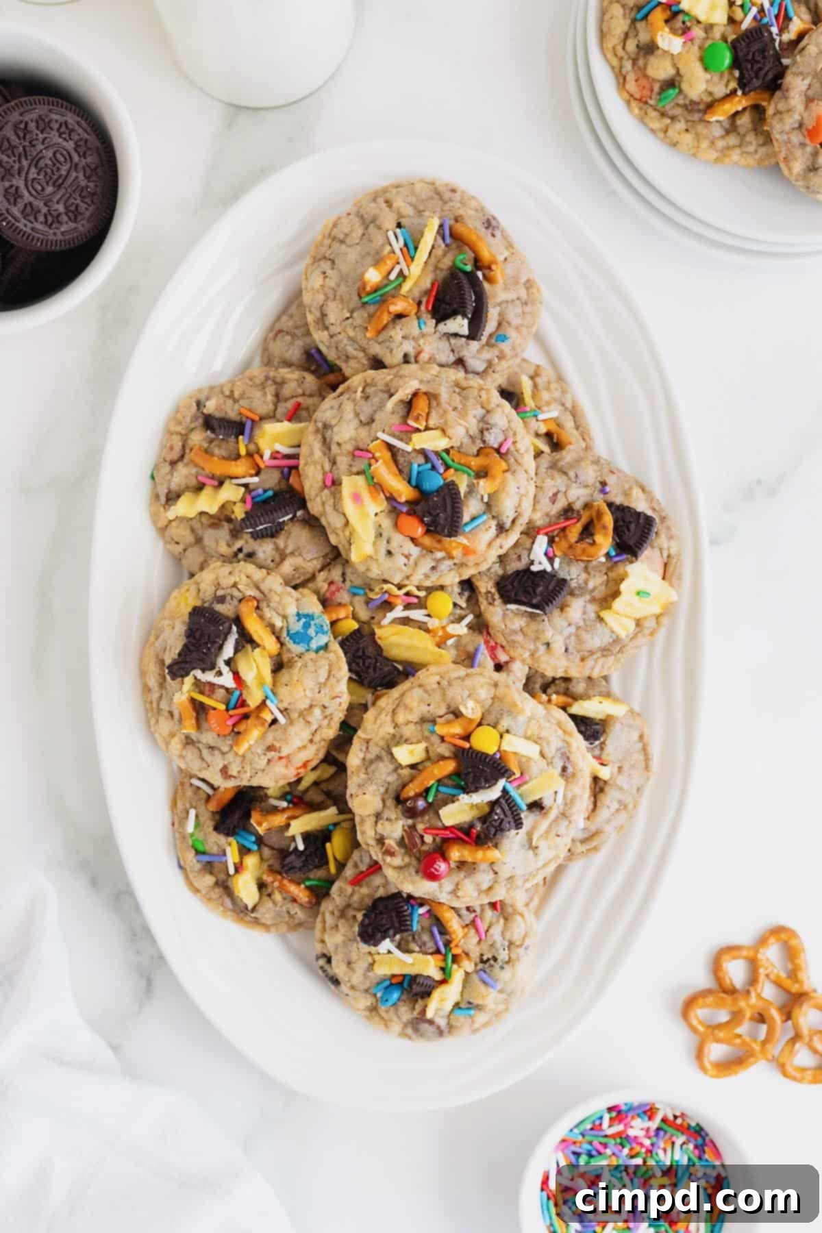 An oblong white serving plate filled with Kitchen Sink cookies on a white marble counter.