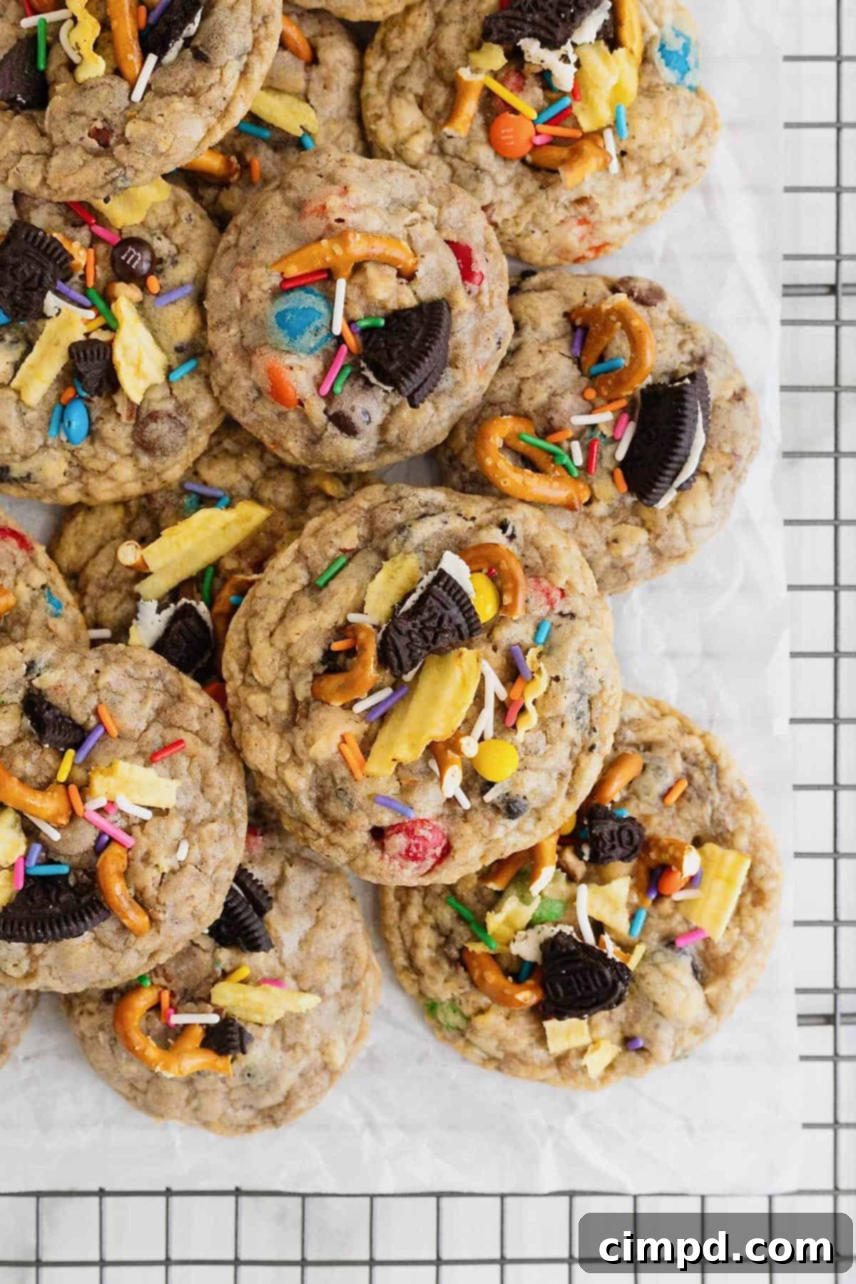 A pile of kitchen sink cookies on a parchment lined cooling rack.