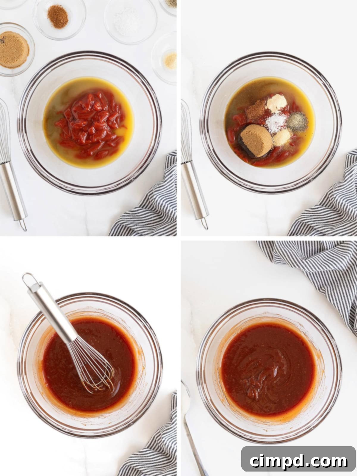Handcrafted Barbecue Sauce 6 A visual step-by-step guide illustrating the easy process of making homemade barbecue sauce, showing ingredients combined in a bowl and the final simmering stage.