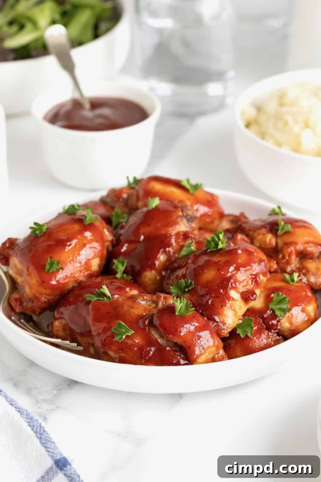 A large white rimmed serving plate of barbecue chicken thighs.