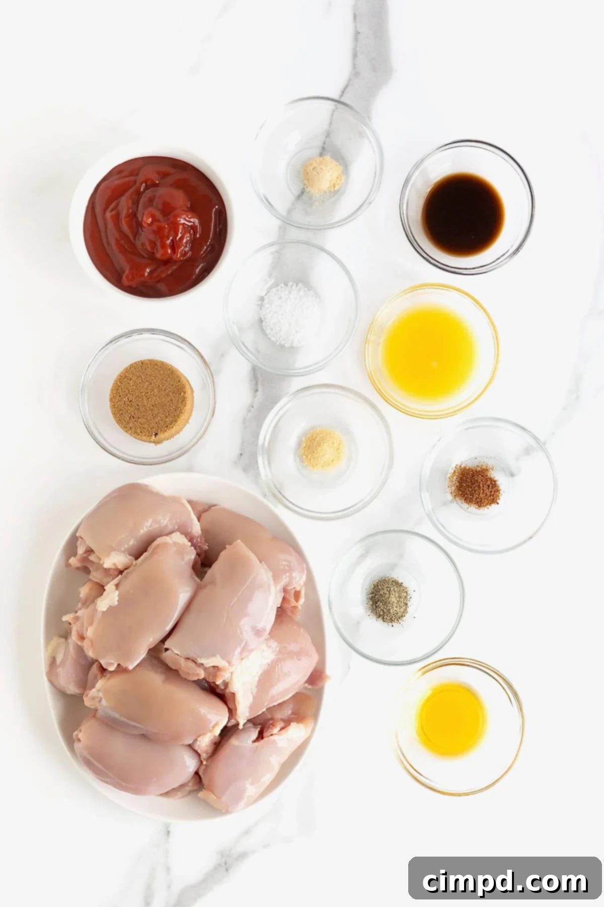 Ingredients to make barbecue chicken thighs in glass dishes on a white marble counter.
