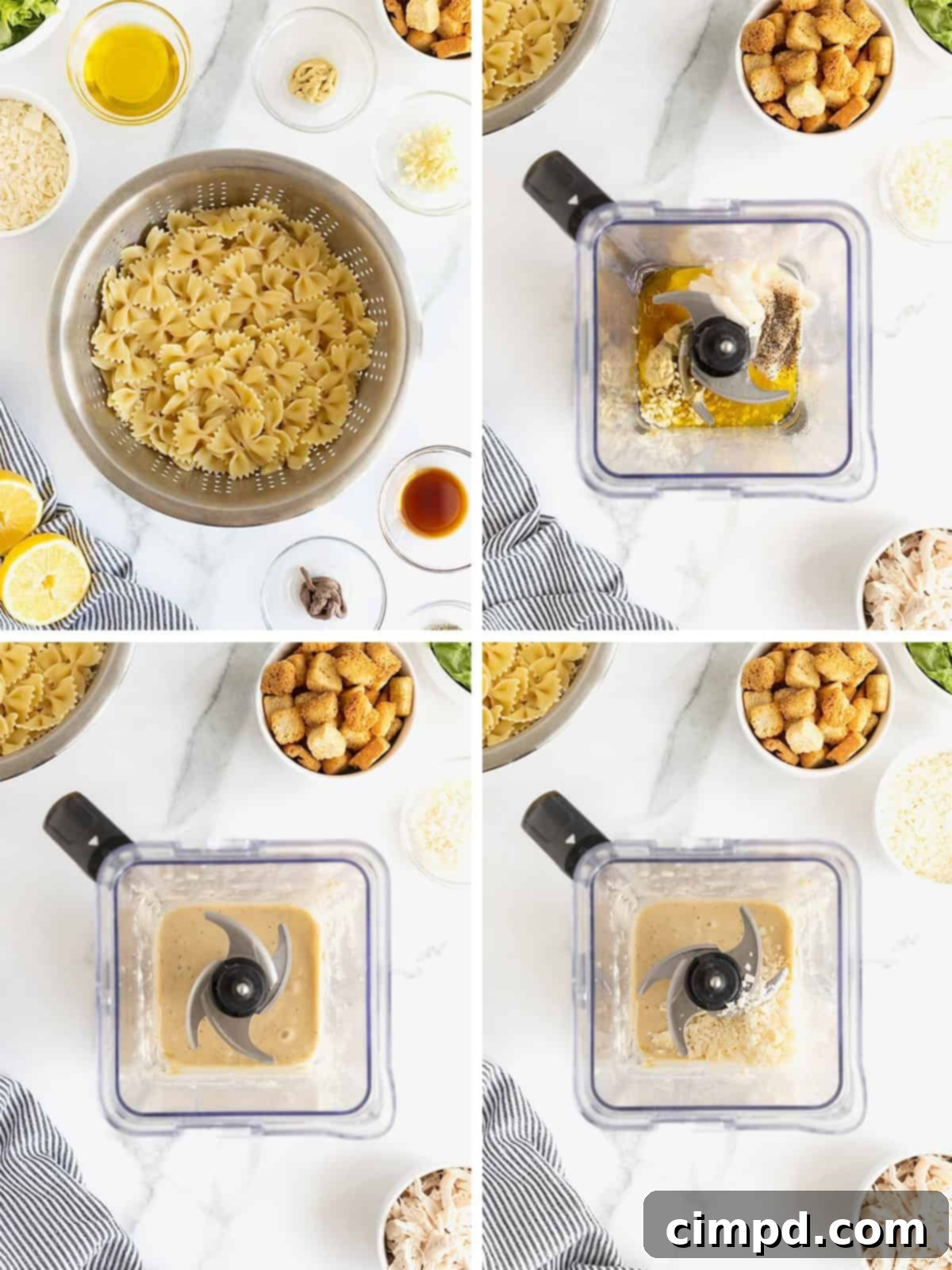 Steps to make Chicken Caesar Pasta Salad.