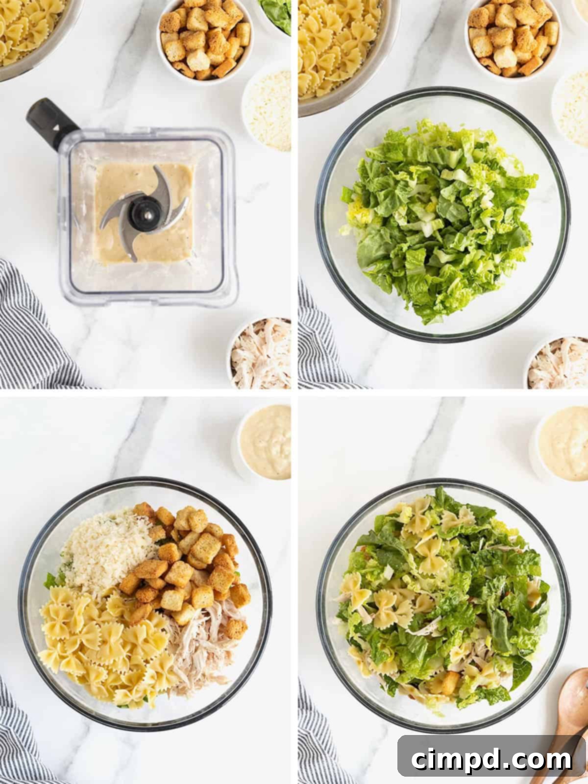 Steps to make Chicken Caesar Pasta Salad.