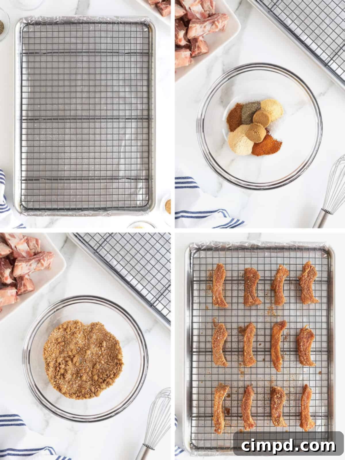 A visual step-by-step guide illustrating the process of preparing dry-rubbed baked baby back ribs, from seasoning to arranging on the baking sheet.