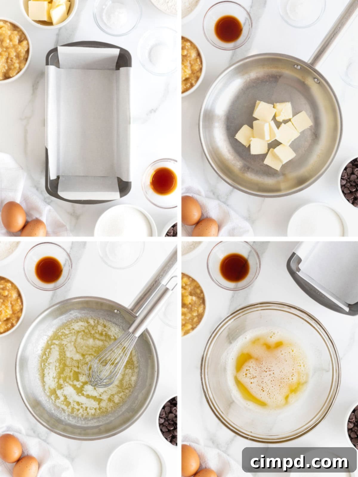 Steps to make brown butter banana bread with chocolate chips.